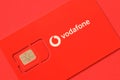 TERNOPIL, UKRAINE - JULY 5, 2022: Vodafone Power SIM mobile card by Vodafone group plc - British multinational telecommunications
