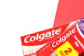 TERNOPIL, UKRAINE - JUNE 23, 2022: Colgate toothpaste and toothbrushes, a brand of oral hygiene products manufactured by American