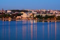 Aerial view of night lights landscape of Ternopil downtown. City lake, embankment, Taras Shevchenko Park and buildings Royalty Free Stock Photo