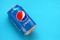 TERNOPIL, UKRAINE - MAY 28, 2022: Cold Pepsi drink can. Pepsi is a carbonated soft drink produced by PepsiCo Royalty Free Stock Photo