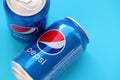 TERNOPIL, UKRAINE - MAY 28, 2022: Cold Pepsi drink can. Pepsi is a carbonated soft drink produced by PepsiCo Royalty Free Stock Photo