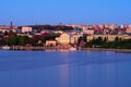 High perspective view of old part of city with lake, embankment,Taras Shevchenko Park and ancient building during spring sunset Royalty Free Stock Photo