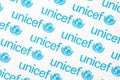 TERNOPIL, UKRAINE - MAY 2, 2022: Unicef logo on paper. Unicef is a United Nations programm that provides humanitarian and Royalty Free Stock Photo