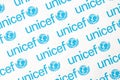 TERNOPIL, UKRAINE - MAY 2, 2022: Unicef logo on paper. Unicef is a United Nations programm that provides humanitarian and Royalty Free Stock Photo