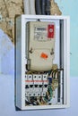 Ternopil, Ukraine November 21, 2021: Electrical cabinet with connectors provides electricity in the house, electrical cabinet with