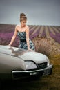 Ternopil, Ukraine - October 15, 2017: Citroen CX 2000, 80th, france classic car and young beautiful woman walking near the retro Royalty Free Stock Photo