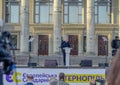 Ternopil, Ukraine, 19.09-2020. Speech by Petro Poroshenko, former President of Ukraine on the rostrum in square. European