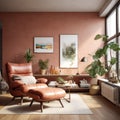 Terra cotta armchair in bright apartment. Interior design of modern living room Royalty Free Stock Photo