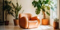 Terra cotta armchair in bright apartment. Interior design of modern living room Royalty Free Stock Photo