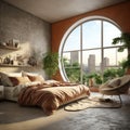 Terra cotta bed in room with panoramic window. Interior design of modern bedroom