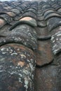 Terra Cotta Roof tiles aged and worn with lichen on tiles Royalty Free Stock Photo