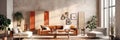 Terra cotta sofa and grey lounge chairs against beige stucco wall. Interior design of modern living room. Created with generative