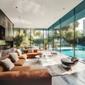 Terra cotta velvet cozy sofa in spacious room with swimming pool view. Interior design of modern living room in luxury cottage. Royalty Free Stock Photo