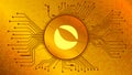 Terra LUNA cryptocurrency token symbol of the DeFi project in circle with PCB tracks on gold background.