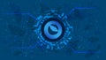 Terra LUNA token symbol of the DeFi project in a digital circle with a cryptocurrency theme on a blue background.