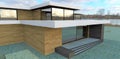 Terrace above the entrance to a luxury villa on the lake. Glass automatic sliding doors. The facade is finished with light wood,