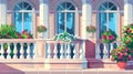 Terrace, balcony, and white marble balustrade with flowers in pots. Illustration of an empty building veranda, pillars Royalty Free Stock Photo