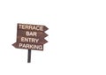 Terrace, bar,entry,parking sign isolated on white background.