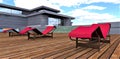 Terrace board flooring. Three red deck chairs with a wooden frame. Staircase to the porch of a modern country house finished with