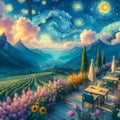 A terrace cafe with beautiful field of flower, mountains view, in night of twinkling stars, painting, Van Gogh style