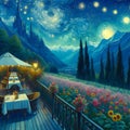 A terrace cafe with breathtaking mountains view, beautiful field of flower, dreamy, a night with twinkling stars, painting