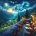 A terrace cafe with a field of flower, mountains, night scene of Van Gogh style, painting, dreamy, fantasy art