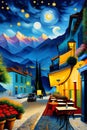 A terrace cafe in a small town, at a night of twinkling stars, a breathtaking mountains view, flower, painting, Van Gogh style
