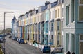 Terrace of colourful hotels on the sea front in Criccieth, Gwynedd, Wales, UK Royalty Free Stock Photo