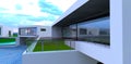 Terrace fenced with glass balustrade. Large decked area on the rooftop of contemporary dwelling. 3d rendering