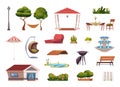Terrace furniture. Gardening items for working and relax time fireplace tables bbq chairs hammock gazebo exact vector Royalty Free Stock Photo