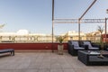 Terrace with gazebo, fiber rattan furniture, potted decorative plants