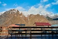 Terrace of a house in a village in the mountains. Breathtaking views of the snow-capped mountains