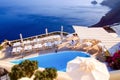 Terrace on island Santorini with sea view. Amazing luxury resort. Royalty Free Stock Photo