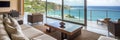 Terrace in modern house with panoramic opened windows and stunning view to blue lagoon and hill near sea. Created with generative Royalty Free Stock Photo