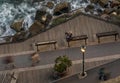 Terrace overlooking the sea at sunset, Monterosso al mare, Cinque Terre, La Spezia, Liguria, Italy