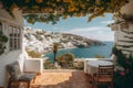 Terrace overlooking the sea. View through an open window to the sea, on the island of Santorini, Greece Royalty Free Stock Photo