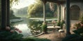 Terrace with pond view design with wooden structure in spa hotel or luxury home Royalty Free Stock Photo