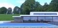 Terrace with pool on the roof of a modern advanced building. Finishing slate and decking. Reflective windows. Wooded hilly