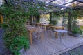 Terrace restaurant. Wooden tables and chairs in a garden across green trees and bushes. Furniture outdoors