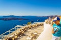 Terrace with scenic view of Santorini island Caldera Greece Royalty Free Stock Photo