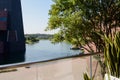 Terrace on second floor of lakeside modern building