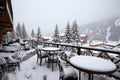 terrace in a ski resort, covered with fresh snow Royalty Free Stock Photo