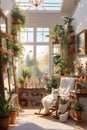 Terrace studio with large window, plants in pots, flowers in vase, rocking chair, cat, painting on wall, mirror, wallpaper Royalty Free Stock Photo