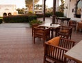 Terrace with tables and chairs. Summer cafe terrace. Exterior place for lunch nopeople Royalty Free Stock Photo