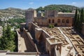 Terrace, towers and wall of medieval Alcazaba fortress of Alhambra, Granada, Spain Royalty Free Stock Photo