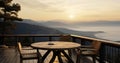 Terrace tranquility, 3D rendering of wooden tables, chairs, misty mountain