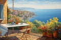 Background with a beautiful landscape. City by the sea, illustration. Sea view from the balcony,