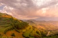 Terraced fields at sunset in the valley with Virunga Volcanoes in background from Kisoro in colorful early morning,. Kisoro Distri