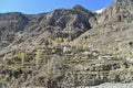 Terraced Fields and Village with Pink Cherry Blossoms Near Naltar Valley in Pakistan Royalty Free Stock Photo