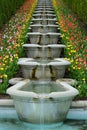 Terraced Fountains Waterfall with Tulips Flowers in Garden Italian